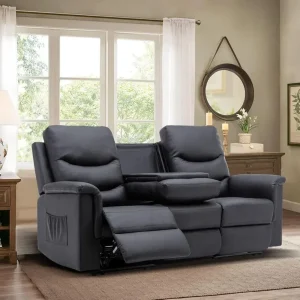 Faux Leather Recliner Sofa 3 Seater with Flipped Middle Backrest/Cup Holder