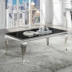 Glam Contemporary Coffee Table Black Glass Top Silver Color Table Stainless Steel Cabriole-Style Legs