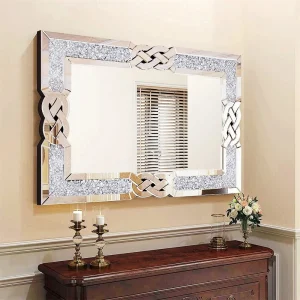 90/100/120CM Large Crystal Crush Diamond Mirror Vanity Silver, Decorative for Bedroom Hallway Living Room
