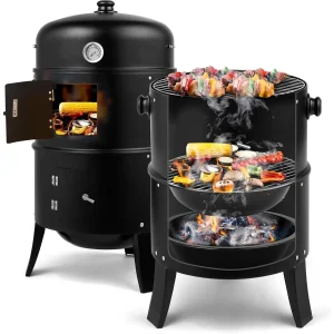 Vertical 17 Inch Charcoal BBQ Smoker, 3-in-1 Grill Cooker with Built-in Thermometer