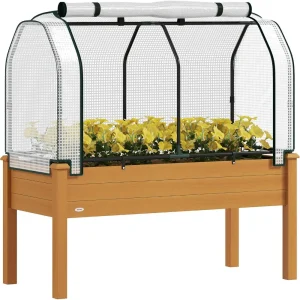 Raised Garden Bed with PE Greenhouse Cover Outdoor Elevated Wood Planter Box for Herbs and Vegetables, Use for Patio,  Backyard