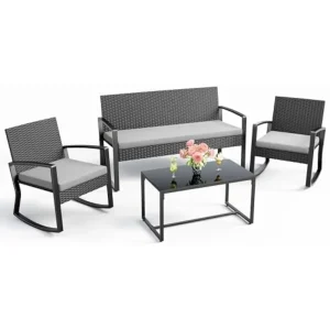 Wicker Patio Furniture with Glass Coffee Table, Rocking Wicker Bistro Set