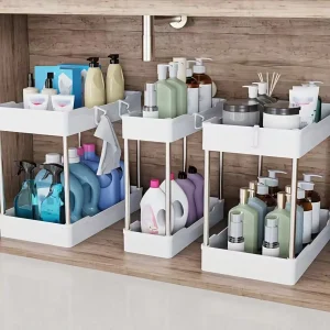 3pcs Under Sink Organizers – Countertop Storage Racks, Kitchen & Bathroom Use, Large, Medium, Small Sizes