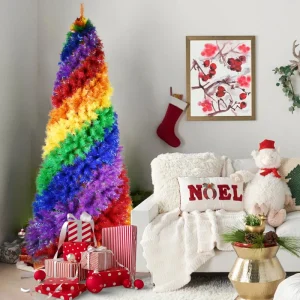 Artificial Rainbow Christmas Tree Full Fir Hinged With 1213 Branch Tips Metal Stand Perfect Indoor Outdoor Holiday Decoration