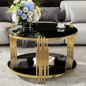 Gold Glass Coffee Table Black Round Modern, Luxury Stainless Steel Irregular Leg Tempered Glass Top, Sofa Cent
