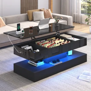 High Glossy LED Coffee Tables for Living Room, Center Table with Open Display Shelf & Large Storage Space