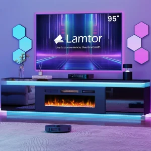 Fireplace TV-Stand for 90 95 inch TVs - TV-Stand with 40" Fireplace - Entertainment Center with 2 RGB LED Lights and 4 AC Power