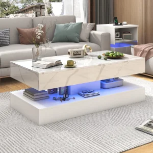 Modern Stylish Coffee Table with LED lights, Double-Layer Design with 2 Storage Drawers