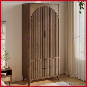 Arched Wooden Wardrobe 70.1" with 2 Doors 2 Drawers Fluted Design Hanging Rod Shelf Bedroom Storage Cabinet