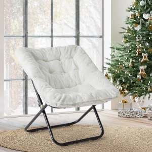 JHK 28IN Cozy Saucer Chair Soft Faux Fur Large Size Folding Lounge Padded Seat Metal Frame
