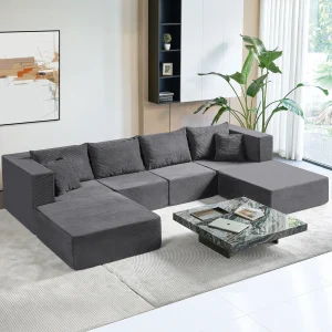 140" Modular Sectional Sofa Couches Corduroy Sleeper Deep Seat Sofa Bed, Comfy Cloud Couch,6 Piece Set