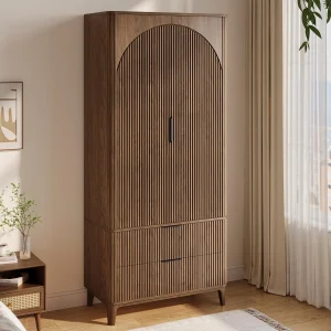 Arched Wooden Wardrobe Armoire Closet 701 Inch With 2 Doors 2 Drawers Hanging Rod Shelf Clothing Storage Cabinet